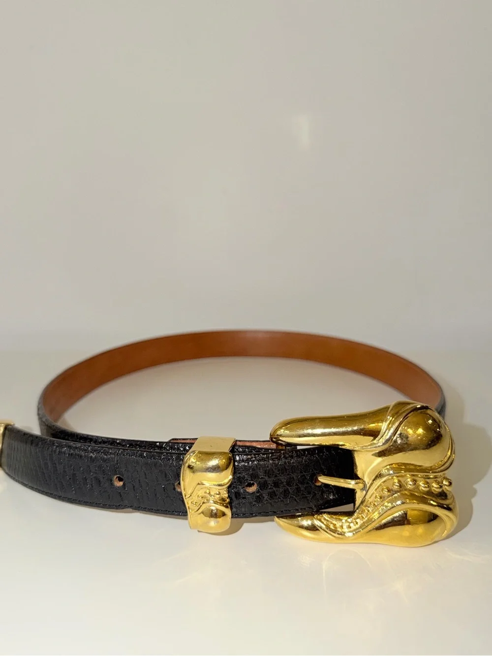 De Sanchez Black Genuine Lizard With Gold-Tone Buckle Belt, Sz 32